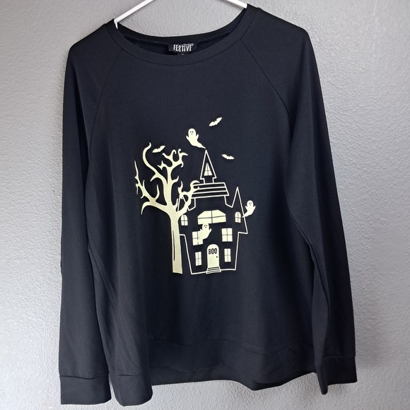 Feeling Festive Halloween Sweatshirt Haunted House Ghosts Bats Black XL - Picture 1 of 8